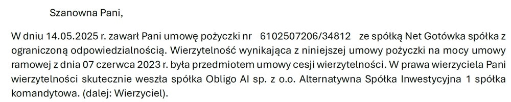 Mail do dłużnika wysłany po dokonaniu cesji wierzytelności pomiędzy Net Gotówka a Obligo AI i informujący o niej