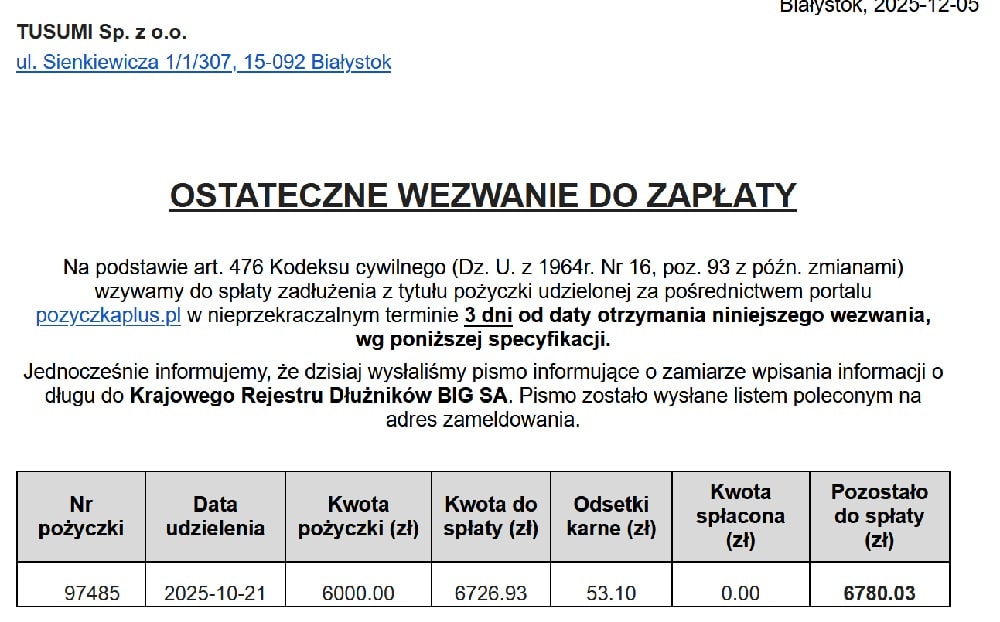 Wezwanie do zapłaty dla dłużnika Tusumi Sp. z o.o.