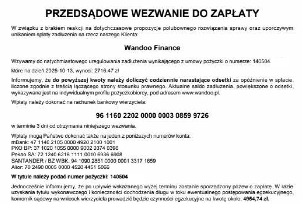Przedsądowe wezwanie do zapłaty wysłane w imieniu Wandoo Finance do dłużnika
