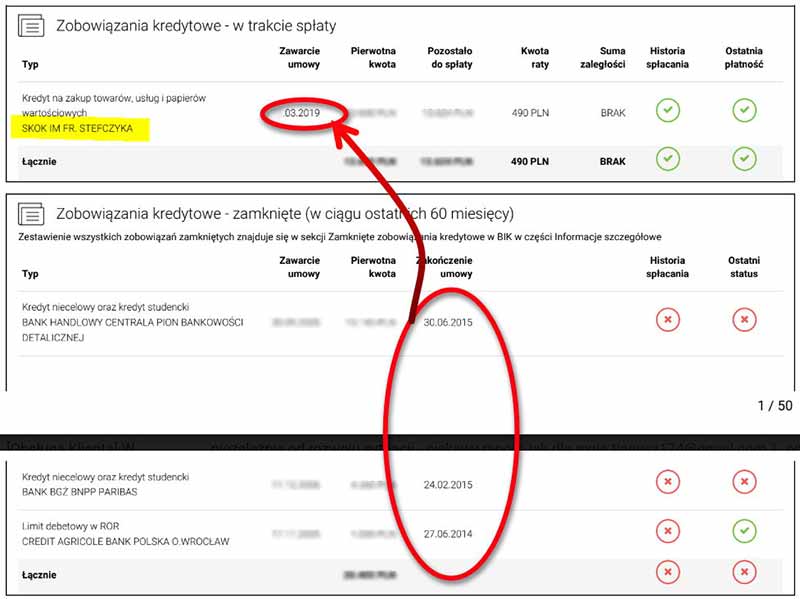 Archiwalny przykład raportu BIK klienta, który mimo problemów otrzymał kredyt konsolidacyjny w SKOK