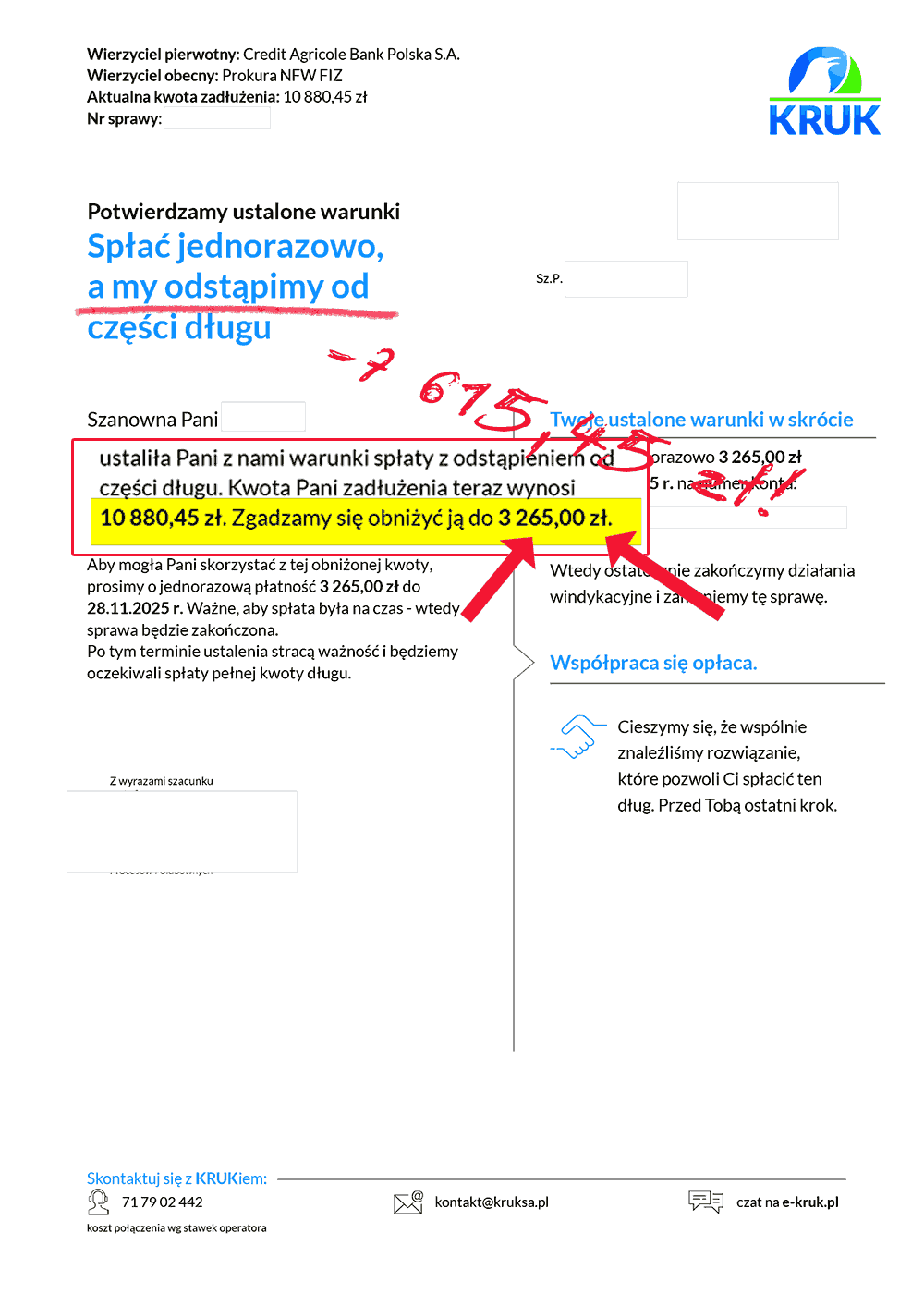 Ugoda z Kruk potwierdzająca ustalenie warunków spłaty zadłużenia z umorzeniem