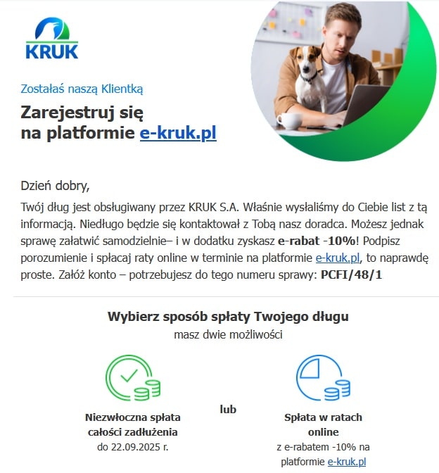 Kruk kupił dług i wysyła do dłużnika powiadomienie o tym