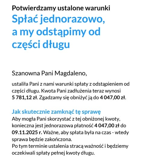 Potwierdzenie zawarcia ugody z umorzeniem częśći długu przez KRUK