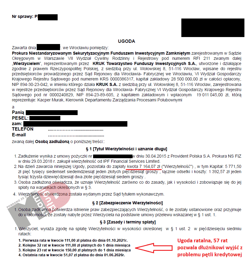 Kruk ugoda ratalna - spłata zadłużenia rozbita na 57 rat