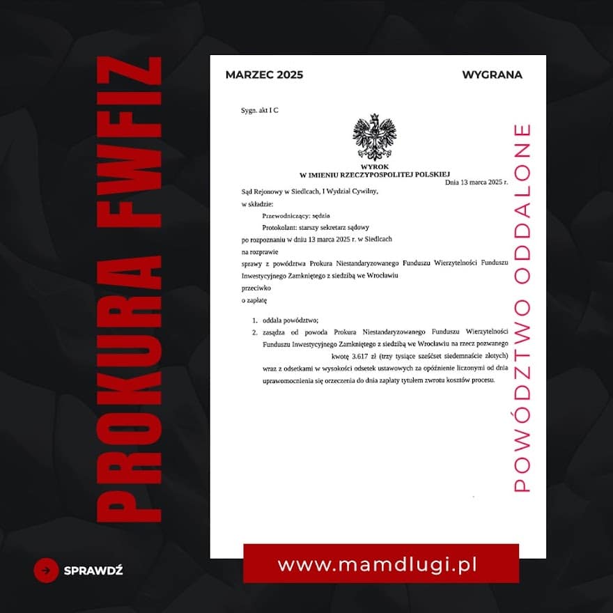 Wygrana z KRUK SA (funduszem Prokura) w sądzie rejonowym - wyrok sądu.