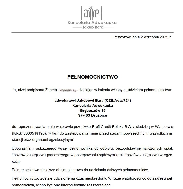 Pełnomocnictwo dla adwokata od długów - Jakuba Bary