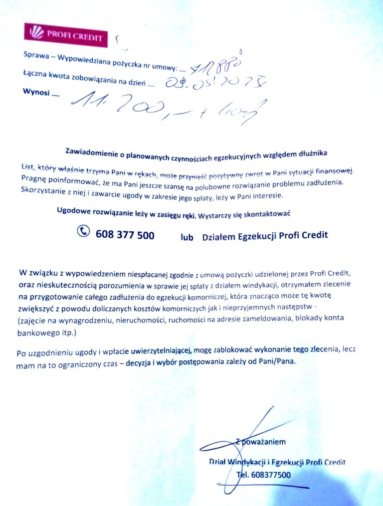 List od windykatora terenowego Profi Credit dla dłużnika