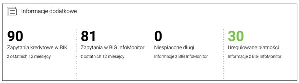 Fragment raportu BIK pokazujący 90 zapytań kredytowych co jest wynikiem głodu kredytowego