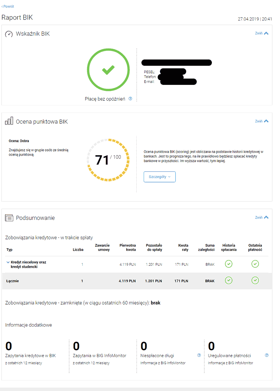 Fragment raportu BIK pokazujący nienaganną historię spłat kredytów i średnią ocenę punktową.