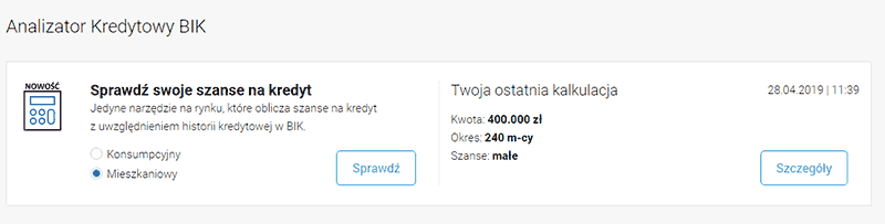 Panel główny klienta w serwisie BIK z widoczną opcją Analizator Kredytowy.