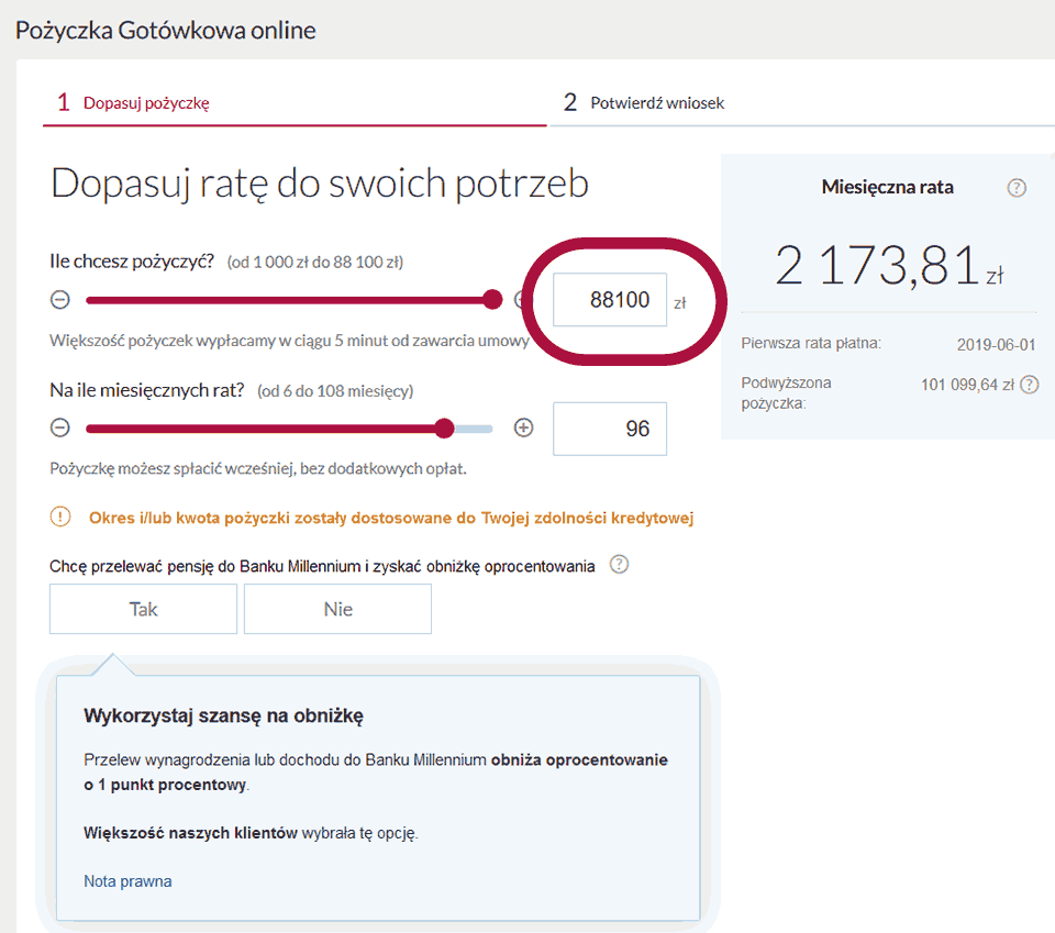 Zrzut ekranu z bankowości elektronicznej z propozycją kredytu gotówkowego na 88 tysięcy złotych.
