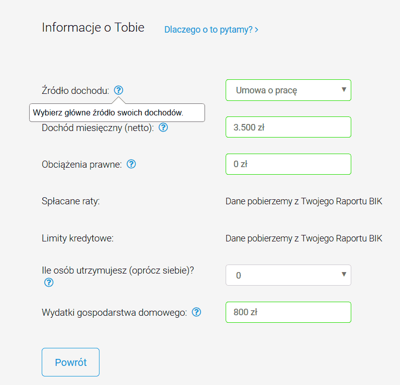 Zrzut ekranu formularza analizatora zdolności kredytowej BIK z jednym polem na dochód.