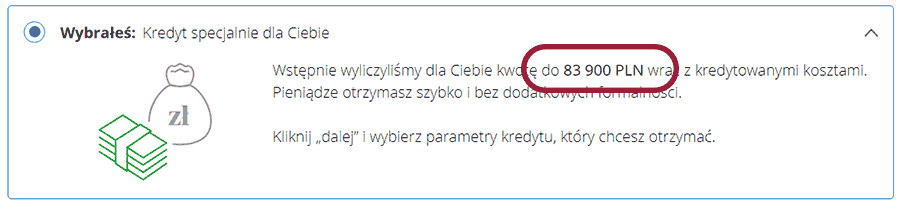 Oferta kredytowa banku dla tego samego klienta na kwotę prawie 84 tysięcy złotych.