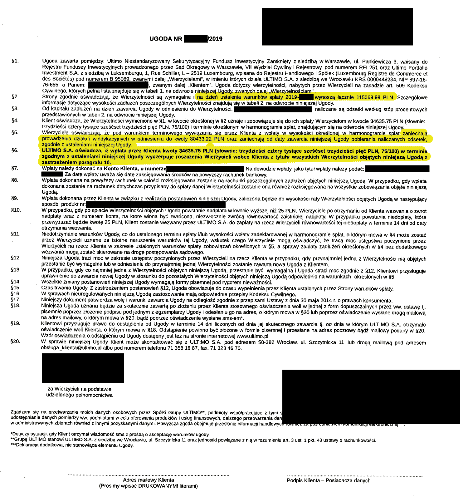 umorzenie większości długu w funduszu Ultimo Przykład ugody z firmą Ultimo z widocznym umorzeniem ponad 80 tysięcy złotych długu
