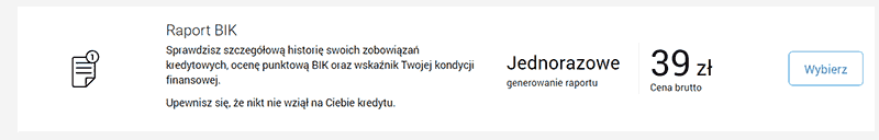 Zrzut ekranu przedstawiający pakiety raportów BIK do wyboru na stronie.