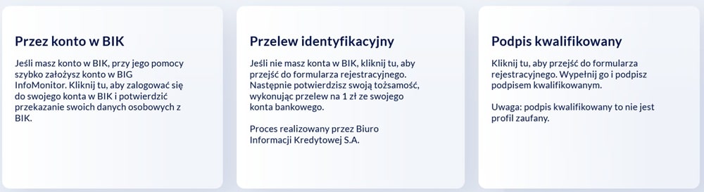 3 sposoby weryfikacji przez BIG Infomonitor przy zakładaniu konta