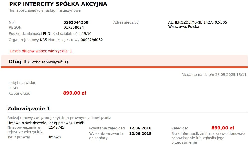 Wpis w BIG Infomonitor dokonany przez PKP Intercity informuje o niezapłaconej opłacie dodatkowej za jazdę bez ważnego biletu.