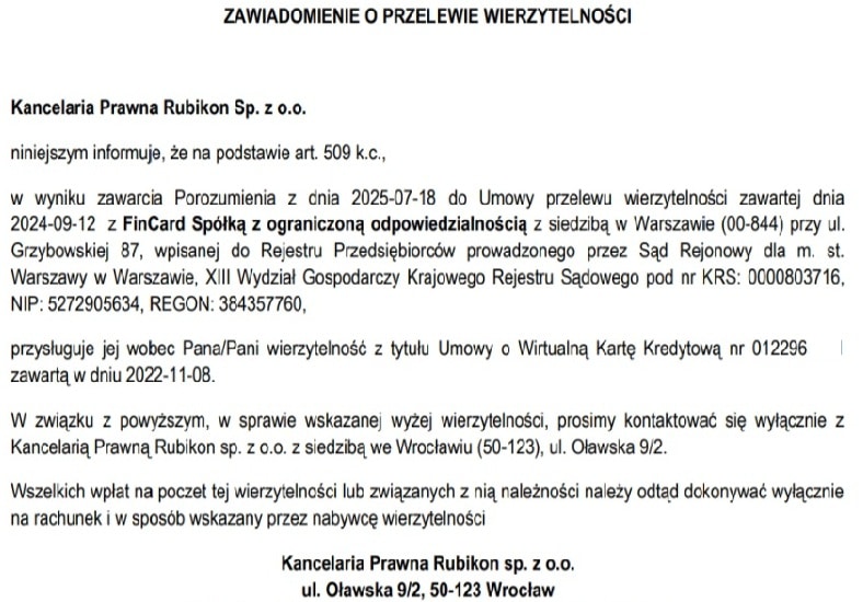 Cesja Netcredit do kancelarii Rubikon - informacja dla klienta