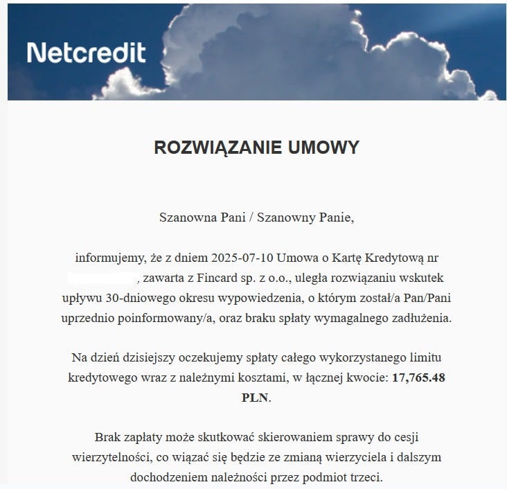 Wypowiedzenie umowy przed Fincard (właściciela karty Netcredit)
