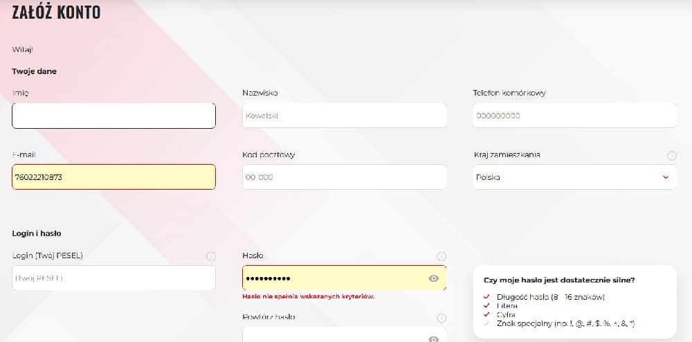 Panel rejestracji na stronie KRD