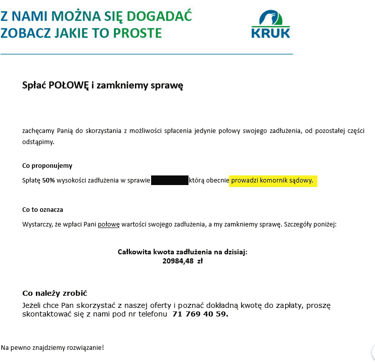 Propozycja umorzenia połowy zadłużenia w Kruk SA