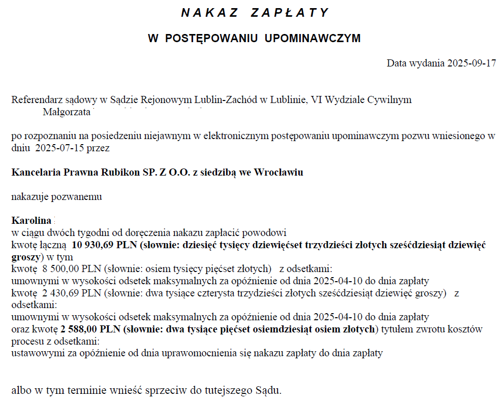 Nakaz zapłaty z EPU wydany na rzecz kancelarii Rubikon