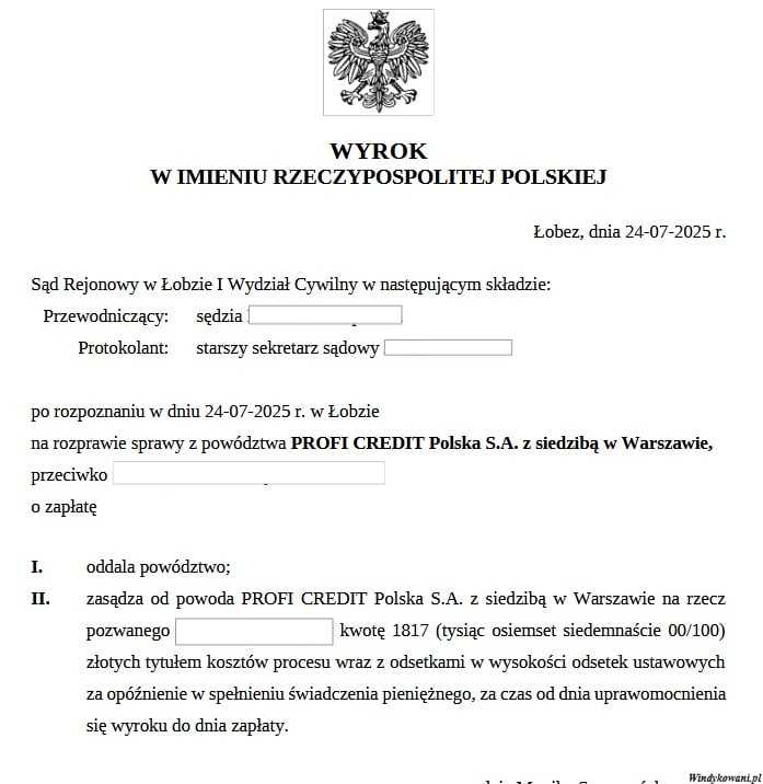 Wyrok sądu rejonowego w Łobzie w sprawie Profi Credit - wygrana klienta serwisu windykowani.pl