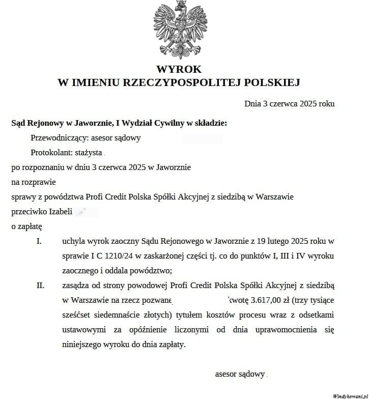 Wyrok sądu rejonowego w Jaworznie w sprawie z powództwa Profi Credit - wygrana klienta kancelarii Mecenatura PL