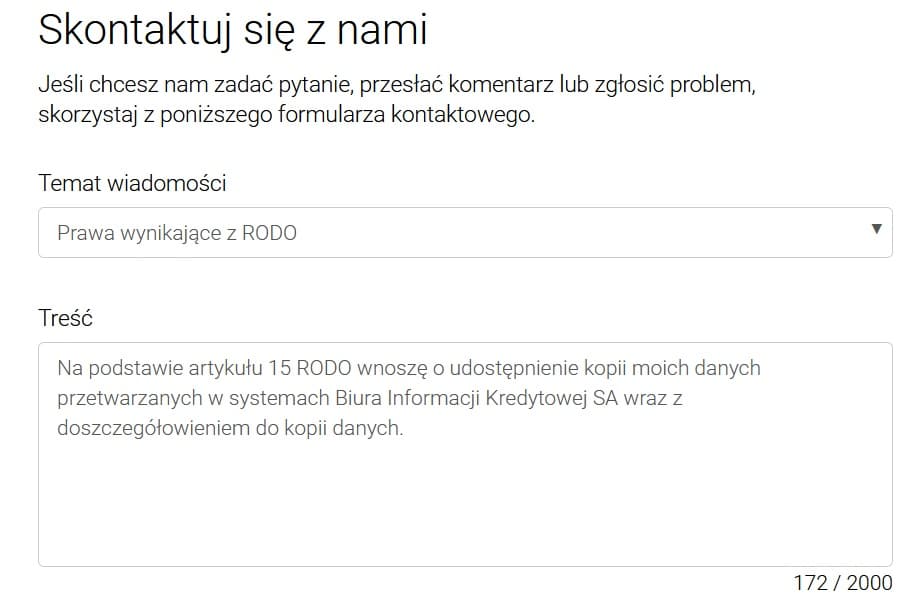 Treść formułki, dzięki której można zdobyć bezpłatny raport BIK - Fragment panelu klienta portalu BIK.pl