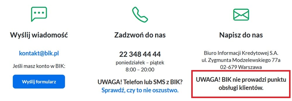 Fragment panelu klienta portalu BIK.pl - informacje o możliwości kontaktu z BIK