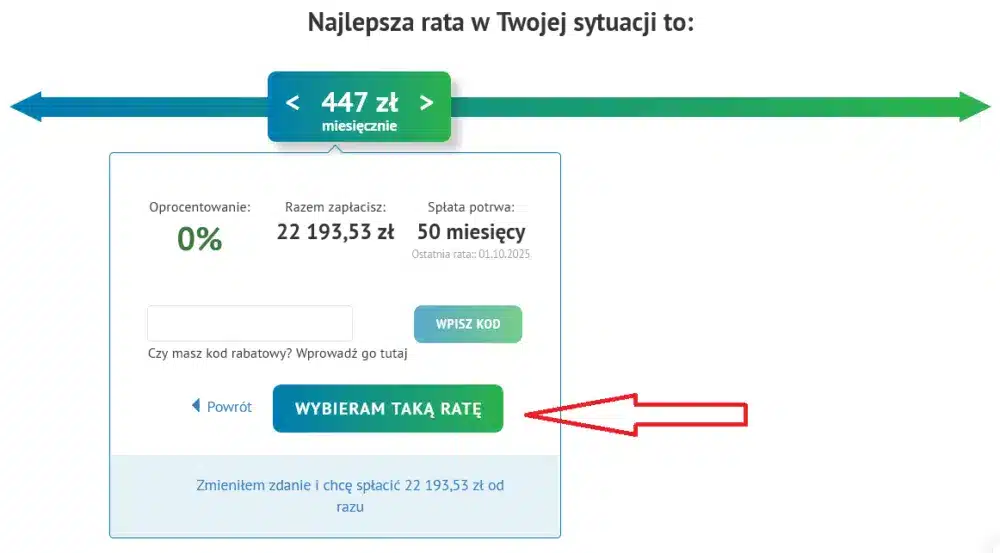 Fragment panelu klienta serwisu e-kruk.pl z propozycją spłaty zadłużenia w ratach