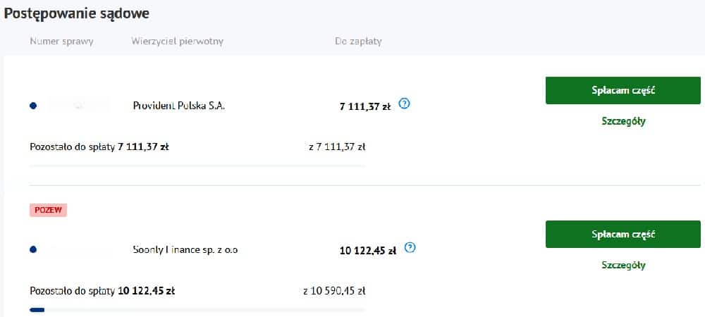 Lista wierzytelności kupionych przez KRUK SA widocznych w panelu klienta E-kruk.pl
