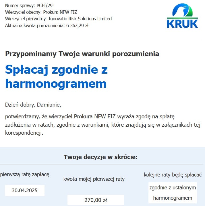 Potwierdzenie zawarcia ugody ratalnej z Krukiem