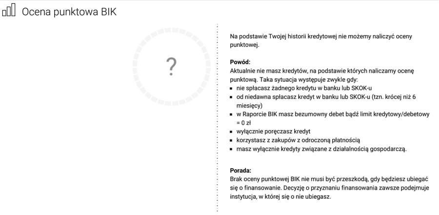 Brak oceny punktowej w BIK z wyjaśnieniem pisemnym możliwych przyczyn