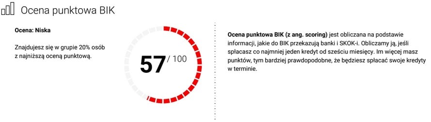 Ocena punktowa BIK 57 punktów - fragment raportu BIK