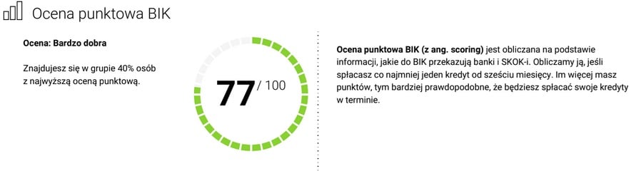 Ocena punktowa BIK 77 punktów - fragment raportu BIK