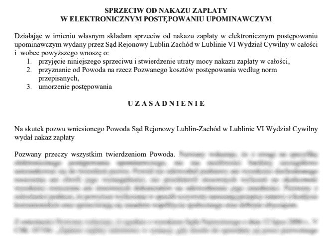 Przykładowy sprzeciw do EPU - fragment