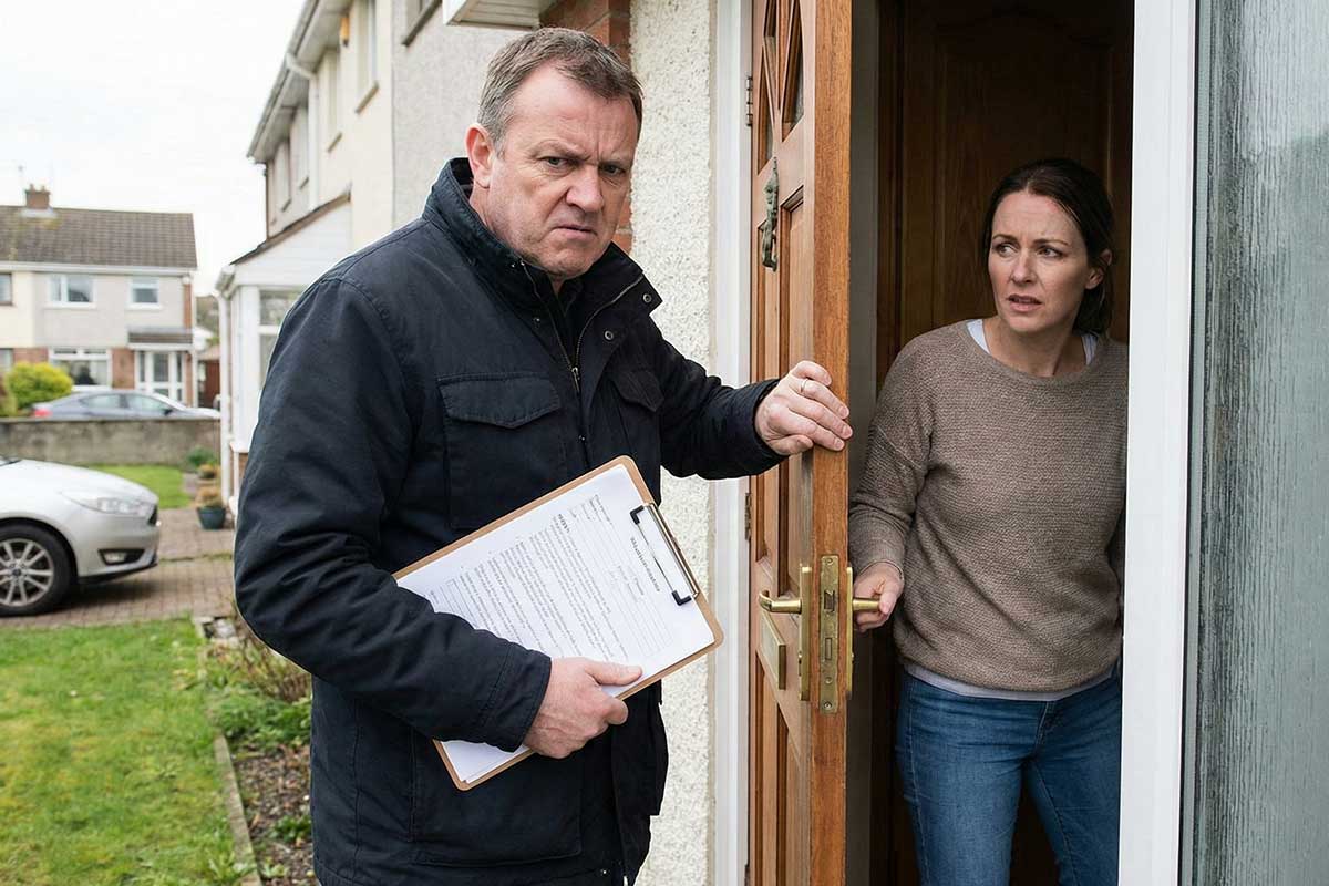 Wwindykator usiłuje wejść do domu, ale kobieta nie pozwala mu na to.