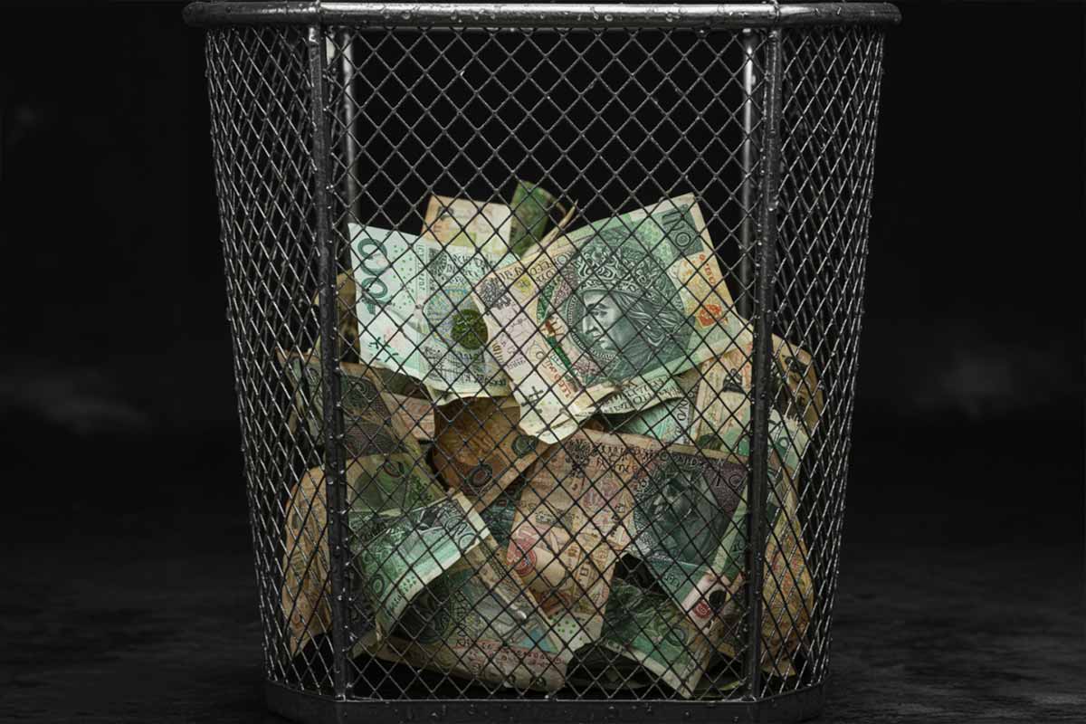 pieniądze w koszu na śmieci, czyli zmarnowana gotówka na wskutek błędów
