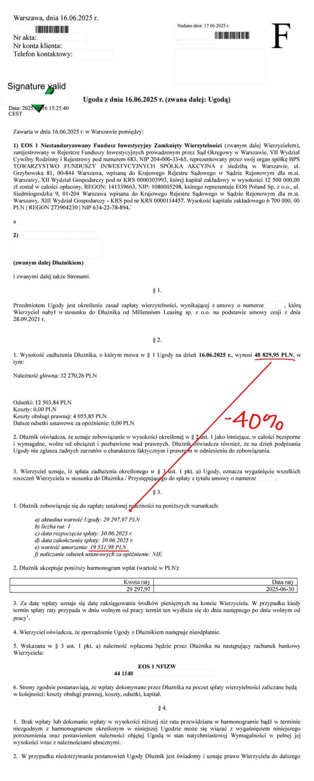 EOS POLSKA - ugoda z umorzeniem części długu