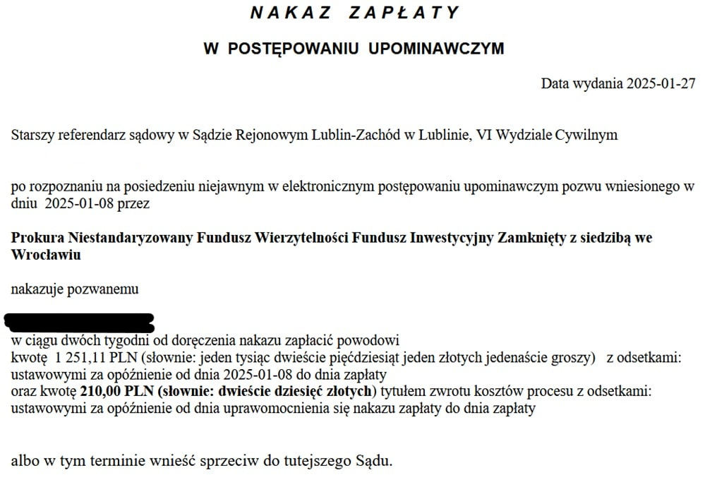 Nakaz zapłaty wydany przez e-sąd na rzecz Prokura Niestandaryzowany Fundusz Wierzytelności Fundusz Inwestycyjny Zamknięty
