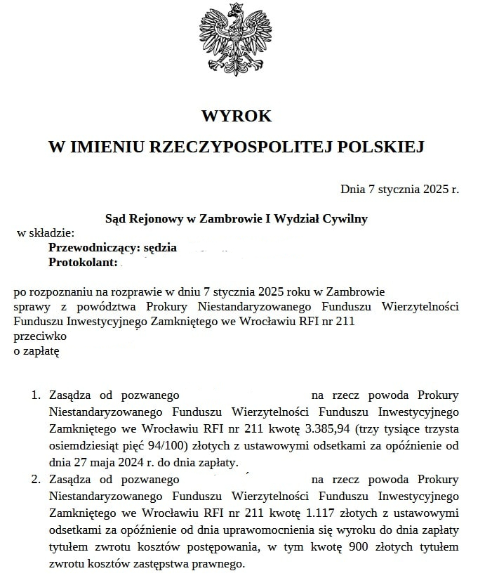 Pozew od Kruka (Prokura) zatwierdzony w sądzie rejonowym w Zambrowie nakazem zapłaty na rzecz windykatora