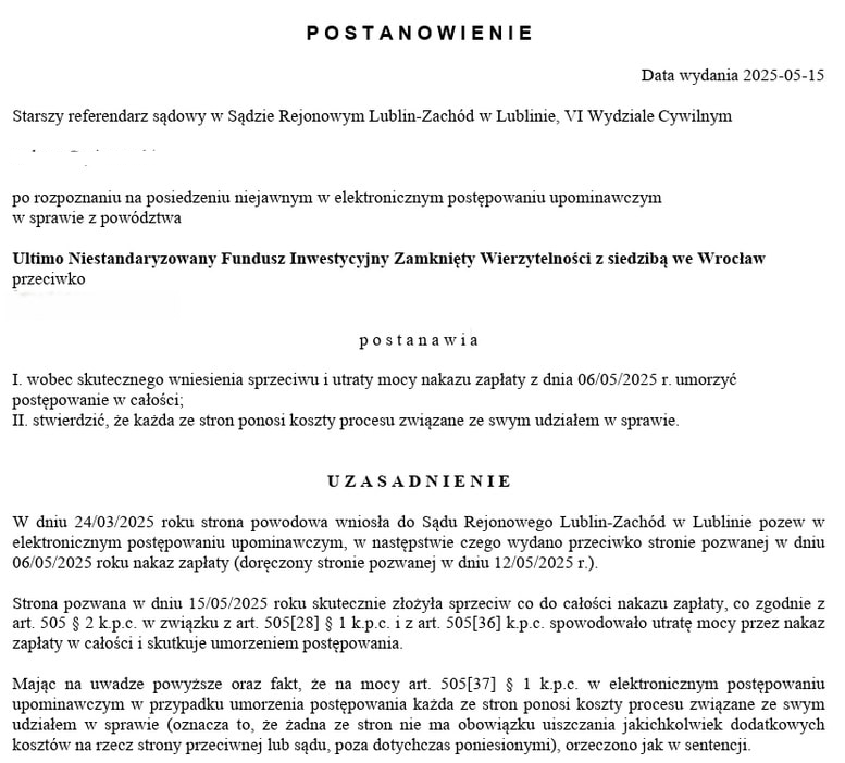 umorzenie postepowania w epu po wniesieniu sprzeciwu do epu esadu | Na środku kartki piszesz: SPRZECIW OD NAKAZU ZAPŁATY.