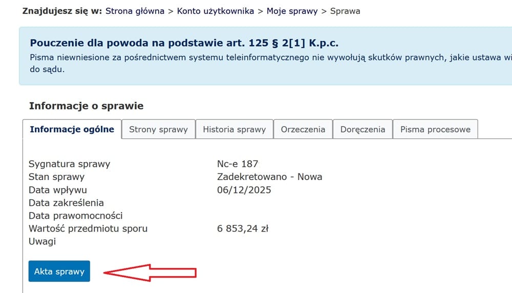 Informacje o sprawie sądowej w EPU dostępne online