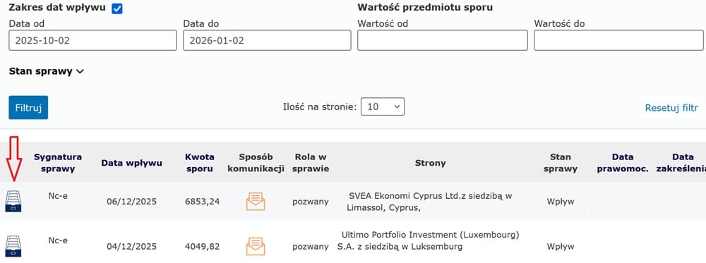 Lista spraw sądowych w EPU z datami wpływu