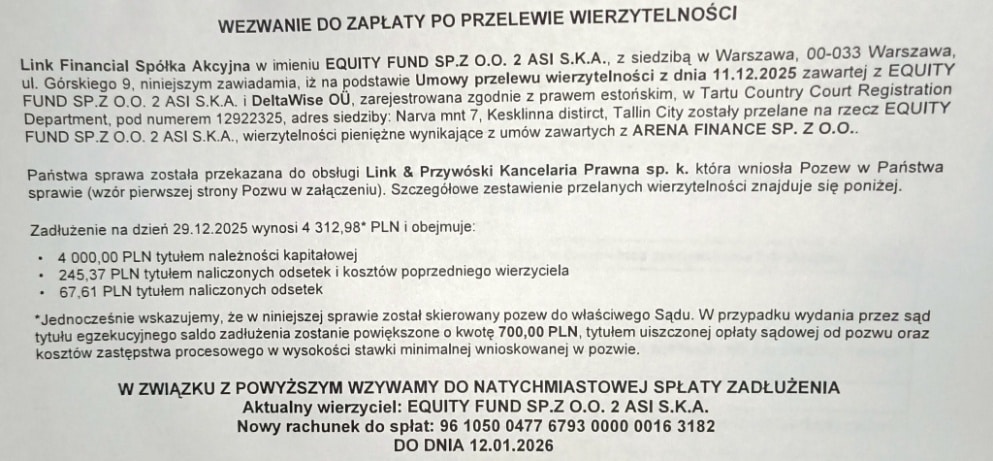 Dokument cesji wierzytelności potwierdzający zakup długu przez Equity Fund Sp. z o.o. 2 ASI S.K.A. od DeltaWise OÜ z siedzibą w Estonii – oficjalne pismo do dłużnika