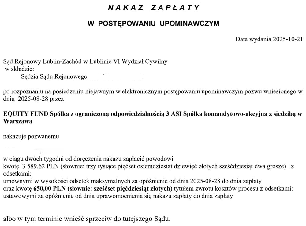 Nakaz zapłaty z e-sądu w sprawie z powództwa Equity Fund.