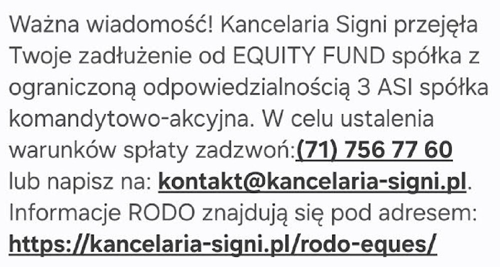 Zawiadomienie o kolejnej cesji – Equity Fund sprzedało dług do Kancelarii SIGNI reprezentującej fundusz Eques Debitum, co często oznacza słabość dowodową wierzytelności