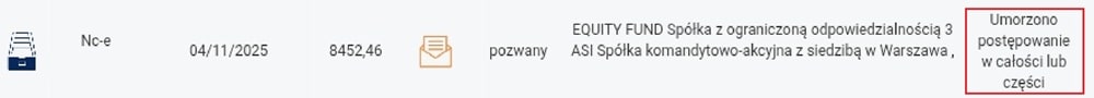 Fragment panelu klienta EPU pokazujący umorzenie sprawy przeciwko Equity Fund – widoczny status 'umorzono postępowanie' po skutecznym sprzeciwie