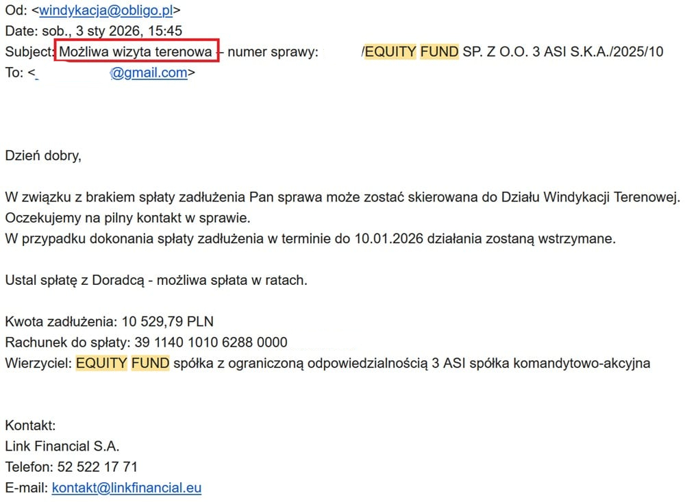FAKE news o wizycie windykacji terenowej z firmy Equity Fund. - próba zastraszenia klienta - mail do dłużnika